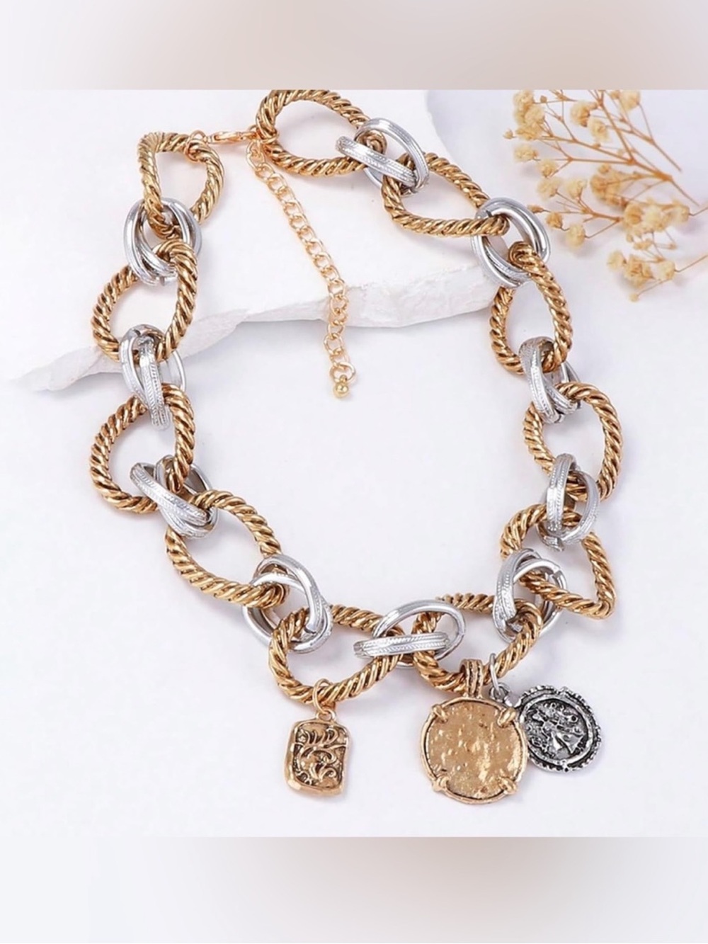 Two Tone Chunky Chain Charm Necklace Mixed Metal Statement Jewelry